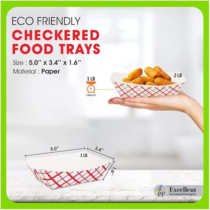 Excellent Paper Food Serving Trays, Cardboard Food Boats Checkered Kraft Tray, Greaseproof Fast Food Snack Holder for Snack, Hot Dog, Hamburger and Chips, Party, Red and White (1000, 2lb) - Image 5