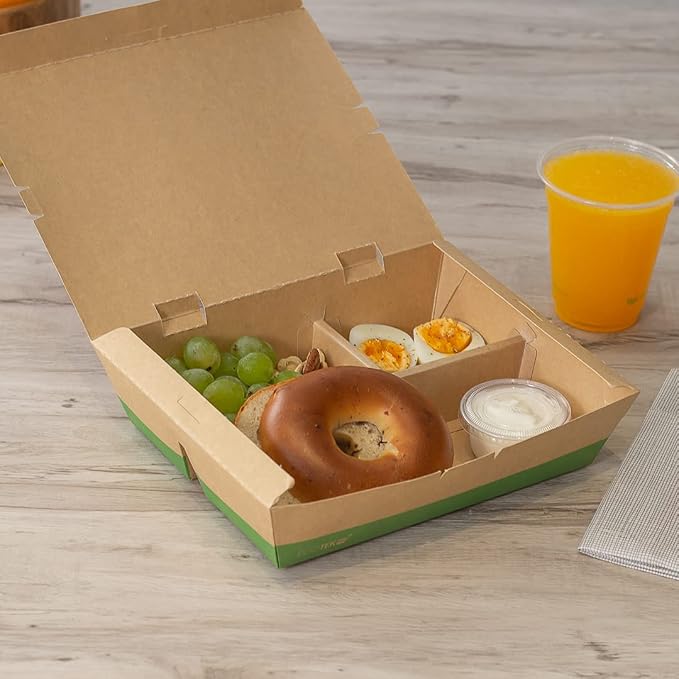 Restaurantware-Eco Tek 50.7 Ounce To Go Boxes, 100 Bento Boxes - 3 Compartments, Tab Lock Closure, Kraft and Green Paper Take Out Box, PLA Lining, For Restaurants or Parties - Image 8