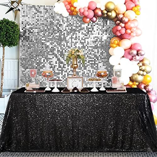 Seamless Sequin Tablecloth 90x132 Inch Black Rectangular Halloween Decor by QueenDream