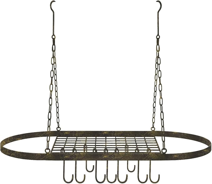 Sorbus Hanging Pot Rack, Ceiling-Mount Kitchen Organizer (Rustic) | Decorative oval fixture with hooks arranges cookware, utensils and books for practical overhead use in homes or restaurants. - Image 7