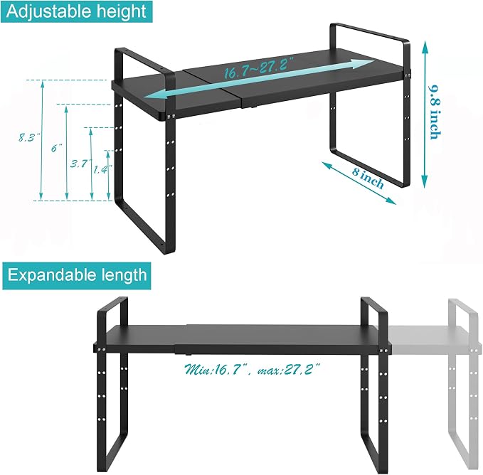 iPEGTOP Expandable Cabinet Storage Shelf Organizer Rack, Heavy Duty Cupboard Stand Spice Rack Adjustable Height Pantry Garage Shelf Space Riser for Counter Kitchen Organization, Black, 1 Pack - Image 5
