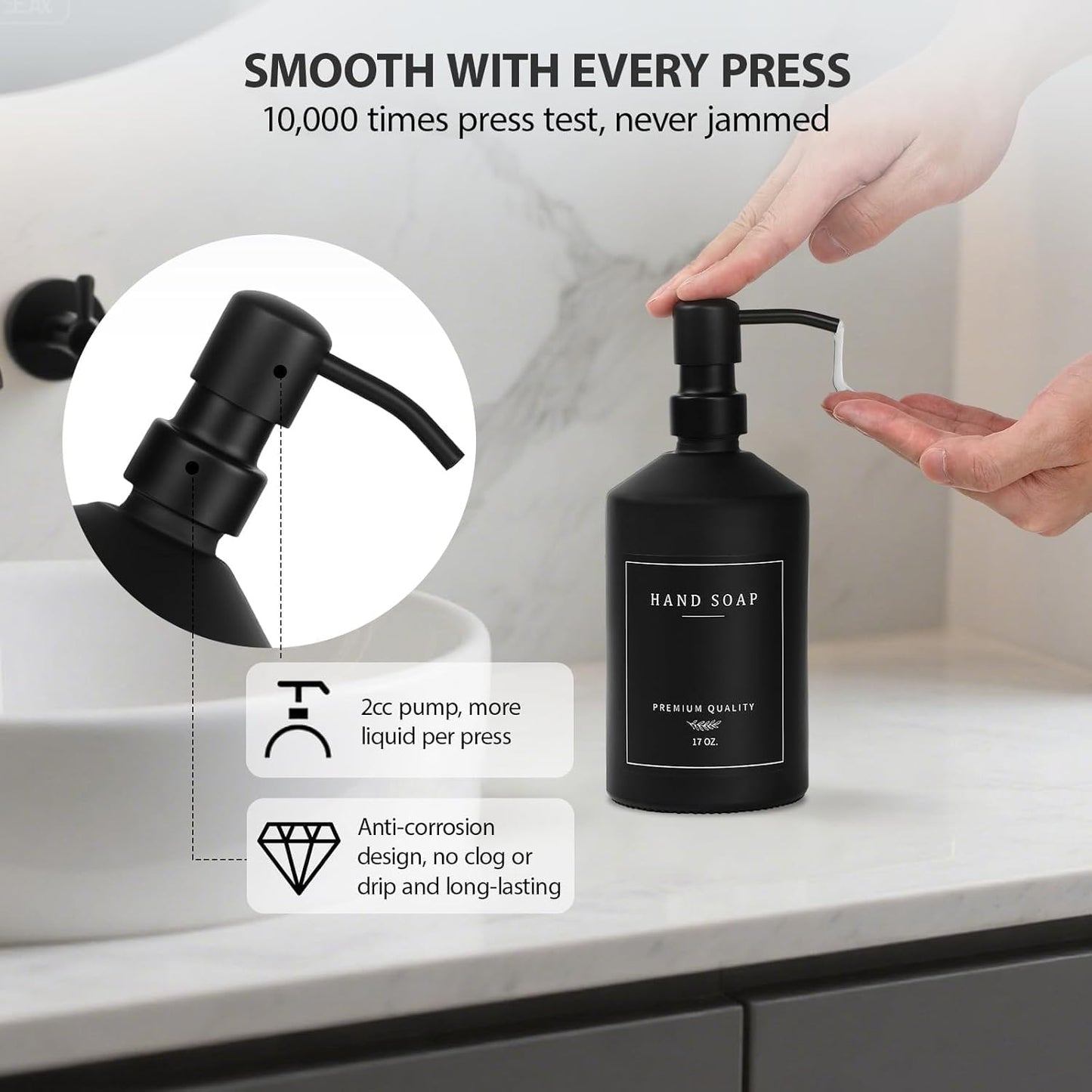Matte Black Soap Dispenser Set, 17 OZ Hand and Dish Soap Dispenser Set, Bathroom Refillable Soap and Lotion Dispenser Set with Stainless Pump, Modern Liquid Soap Bottle Set(Black Bottle/Black Pump)