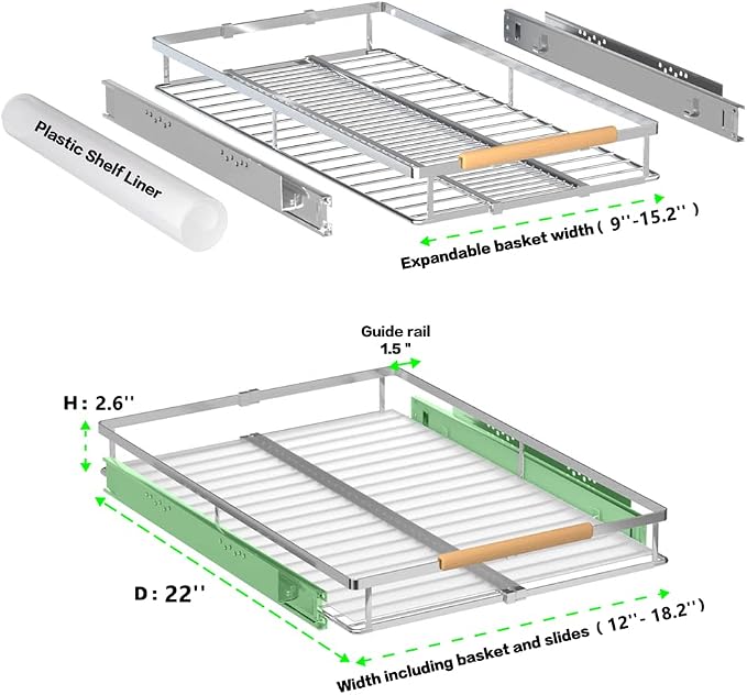 Expandable Pull Out Cabinet Drawer, Slide Out Shelves Heavy Duty Metal, Kitchen Pantry Under Sink Storage Roll Out Drawer for Pots, Pans, 22.4''Deep(3 Pack) - Image 4