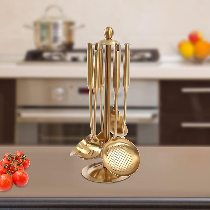 7-Piece Gold Kitchen Utensils Set with Rotating Stand, Food-Grade 304 Stainless Steel Kitchen Cooking Utensils Set Includes Spatula, Slotted Turner, Ladle, Skimmer, Pasta Server, Large Rice Spoon - Image 4