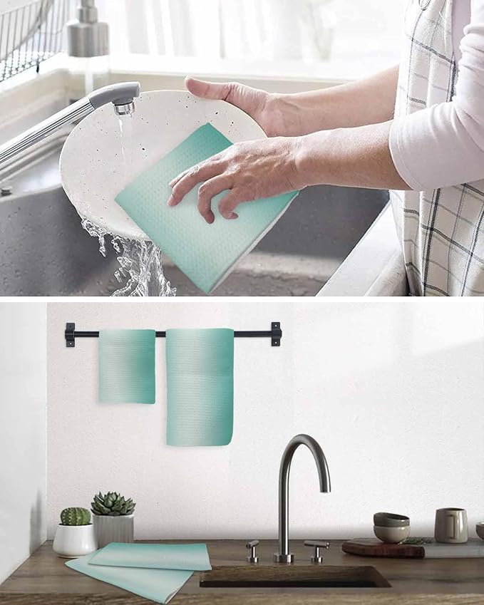 Ombre Turquoise Dish Towels Set, Waffle Weave Kitchen Towels Microfiber Towels Cleaning, Gradual Solid Contemporary Minimalist Color Soft Absorbent Dish Drying Towels Hand Towels 4 Pack 12x12 Inch - Image 6
