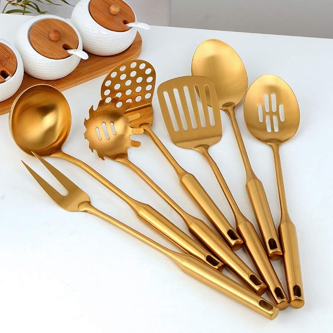Gold Kitchen Utensil Set - 7 Pcs 304 Stainless Steel Cooking Utensils with Round Handles, Titanium Plated Cookware Tools, Including Spatula Ladle Spoon Fork, Kitchen Gadgets for Home Cooking - Image 3