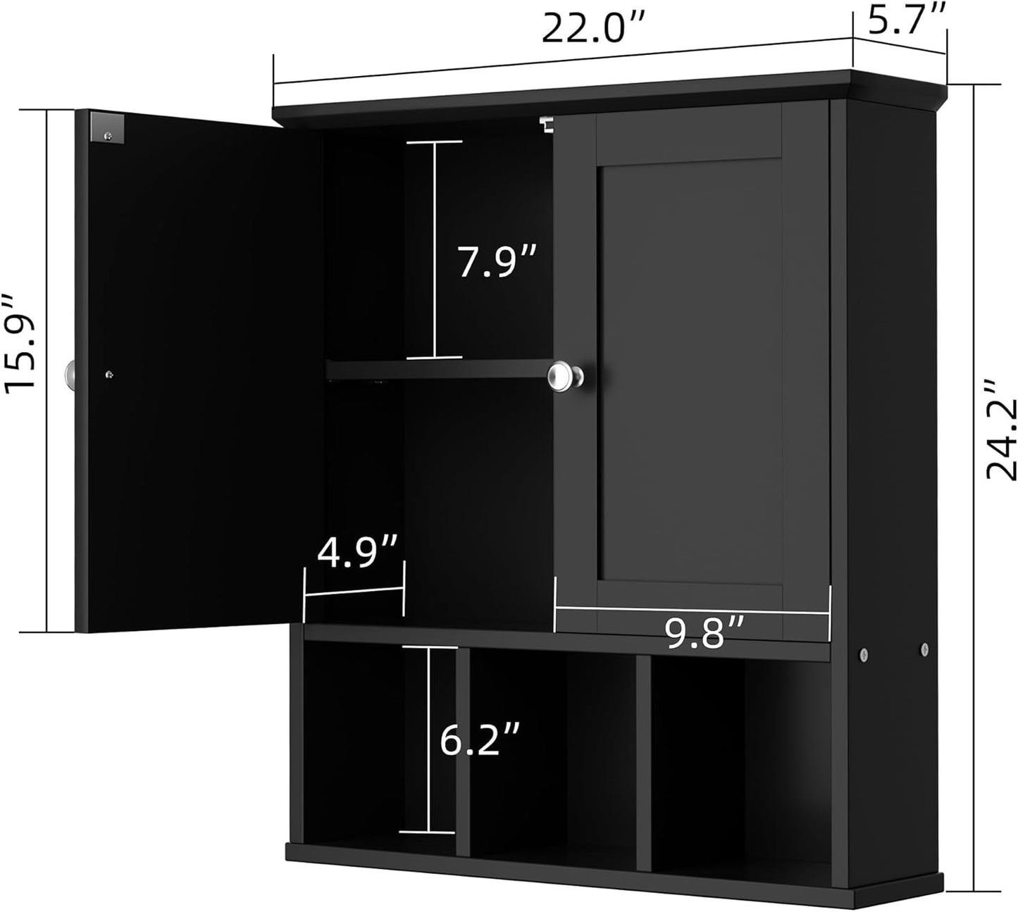 Shintenchi Bathroom Wall Cabinet with Door, Storage Organizer Over The Toilet Medicine, Space Saving with Adjustable & Open Shelf, Black