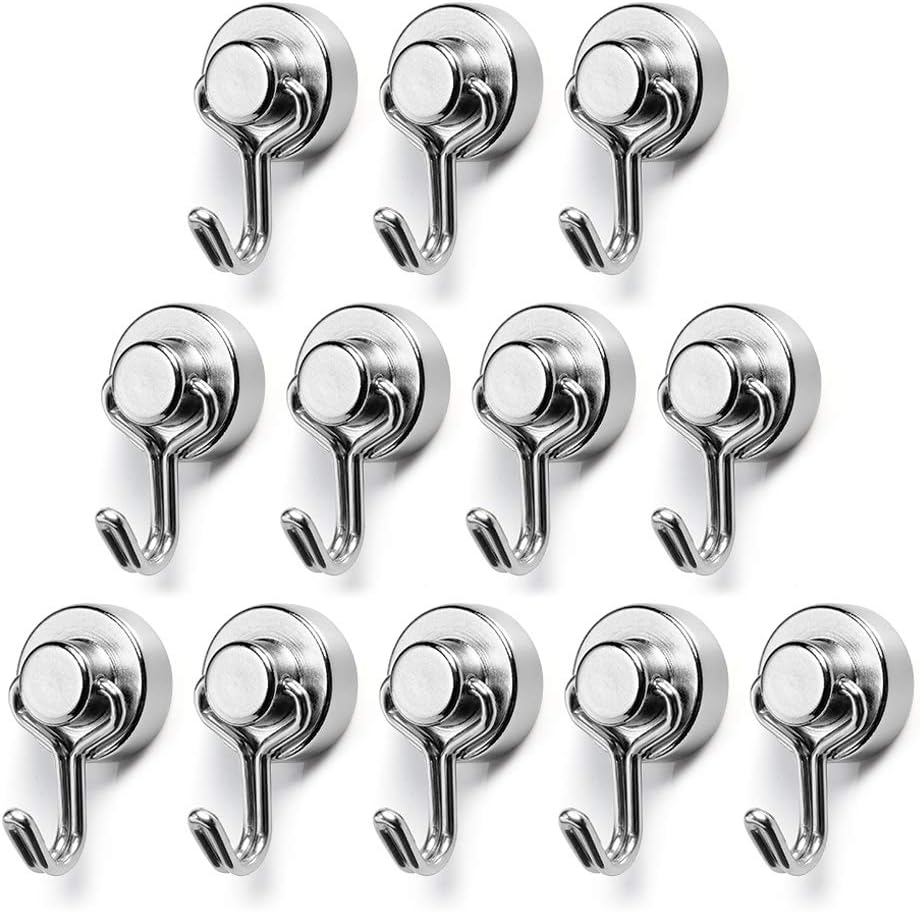 BTLIN Mini Magnetic Hooks, Strong Neodymium Magnet with Hook, Heavy Duty Small Metal Hanging Hook Max Load 18 lbs for Kitchen Fridge Grill Office 12 Pack