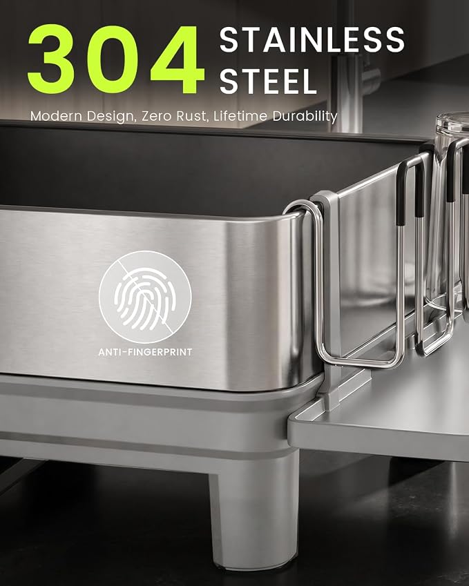 304 Stainless Steel Dish Drying Rack for Kitchen Counter, Grey - Image 2