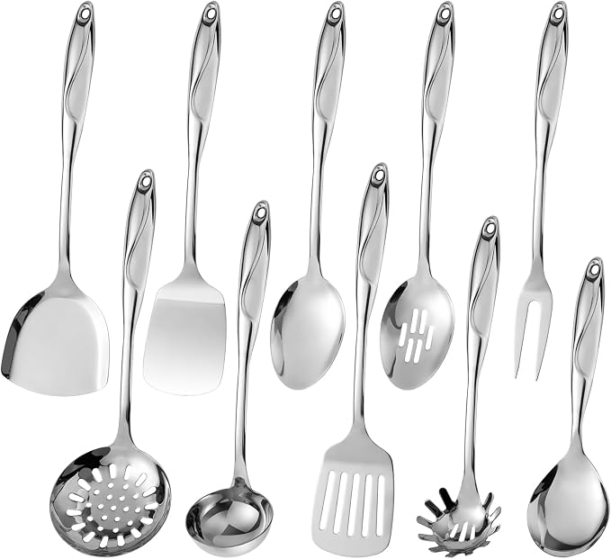 304 Stainless Steel Kitchen Utensils Set, 10 Pcs Metal Cooking Utensil, Mirror Polished Kitchen Gadget Cookware and Kitchen Tool Set, Dishwasher Safe by Lazycorner