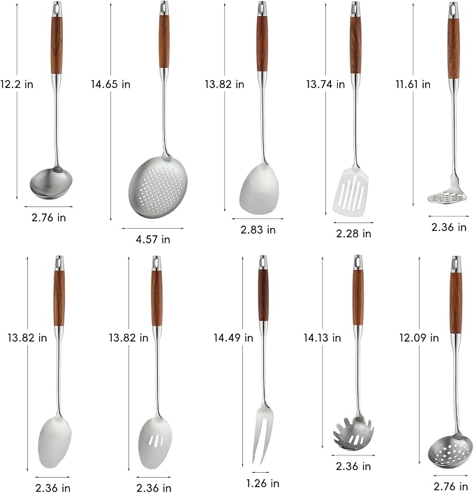 Izurok 18/10 Stainless Steel Kitchen Utensils Set,10 Piece Cooking Utensils With Wood Handle,Heat Resistant Kitchen Tool Set With Spatula,Spoon,Ladle,Skimmer,Slotted Turners,Pasta,Turner,Ladl,Fork - Image 2