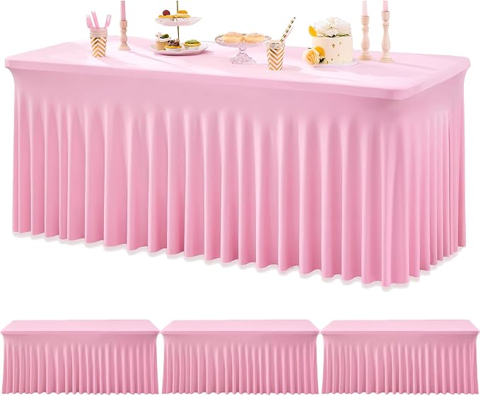 3pk Baby Pink Spandex Tablecloths for 6 Foot Rectangle Tables, Stretch Table Cloths 6FT Pink Fitted Table Cover Desk Skirt for Wedding Birthday Party Baby Shower by Htper