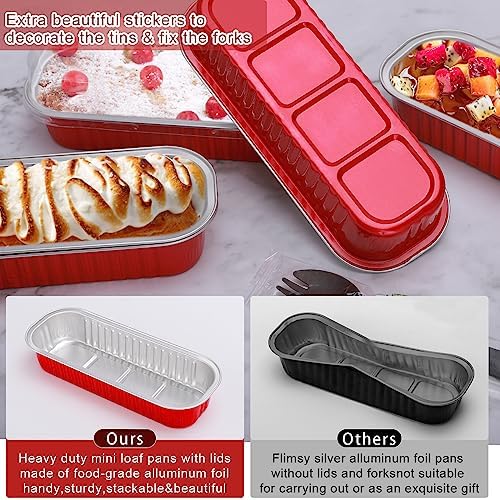 25Pack 6.8Oz Mini Cake Pans Disposable Mini Loaf Pans with Lids and Spoons and Stickers, Aluminum Pans for Baking Bread, Individual Dessert Cups for Sales,Party,Picnics,Celebration (Red) - Image 6
