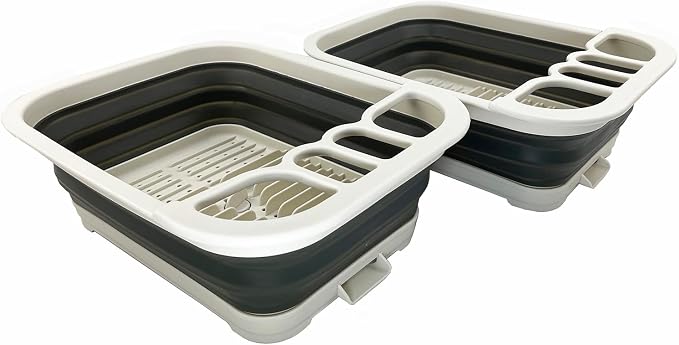 SAMMART Collapsible Dish Drainer with Drainer Board - Foldable Drying Rack Set - Portable Dinnerware Organizer - Space Saving Kitchen Storage Tray (2, Grey/Washed Black) by SAMMART