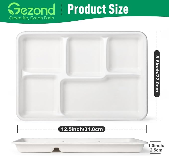 Gezond 100% Compostable 5 Compartment Plates Disposable 12.5 Inch 100 Pack | School Lunch Trays Heavy Duty Divided Eco-Friendly Biodegradable Sugarcane Plates for Party Buffet Lunch Dinner - Image 2