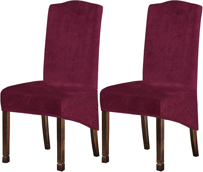 Velvet Plush XL Dining Chair Covers, Stretch Chaircover, Spandex High Chairs Protector Covers Seat Slipcover with Elastic Band for Dining Room,Wedding, Ceremony, Banquet (Wine Red, Set of 2) by KELUINA