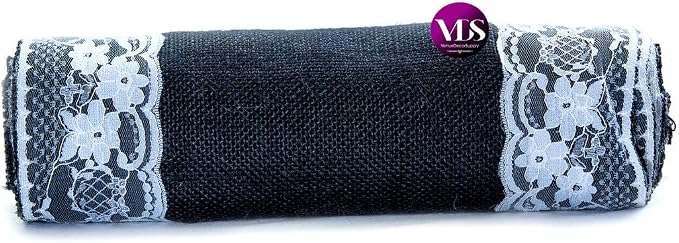 VDS Pack of 10, Burlap Table Runner with White Lace Edge, 100% Natural Jute Rustic Hessian Table Cloth Centerpiece for Wedding Birthday Party Banquet Table Decoration (Size 12X108 Inch)(Black) - Image 4