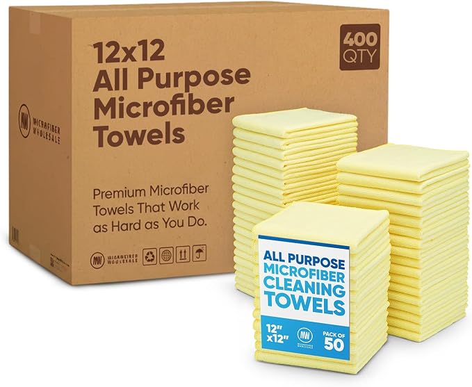 Microfiber Wholesale Bulk 12” X 12” All Purpose Towels Case Quantity (400 Count) | No Fraying | High Density Microfiber | Zero Chemical Cleaner | Long-Lasting (Yellow) by MicrofiberWholesale