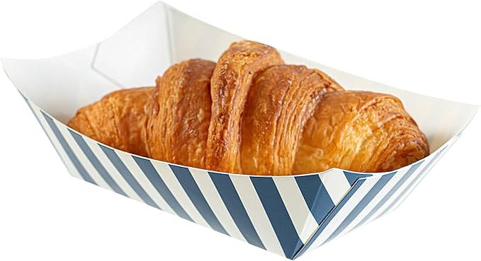 Restaurantware-Bio Tek 6 Ounce Boat Paper Boats, 50 Disposable #40 Food Trays - PE Lining, Durable, 4.88 x 4 x 1.5" Blue And White Striped Paper Food Baskets, For Concession Stands, Picnics, or Fairs by Restaurantware
