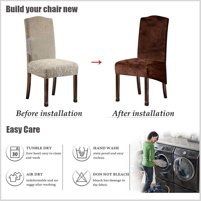 Velvet Plush XL Dining Chair Covers, Stretch Chaircover, Spandex High Chairs Protector Covers Seat Slipcover with Elastic Band for Dining Room,Wedding, Ceremony, Banquet (Coffee, Set of 4) - Image 6