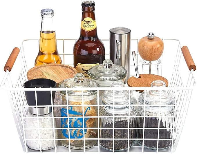 LeleCAT Large white wire baskets with Wooden Handles for storage pantry, Storage Organizer Baskets, Household Refrigerator for Cabinets, Closets, Bedrooms, kitchen - Set of 2（White） - Image 3