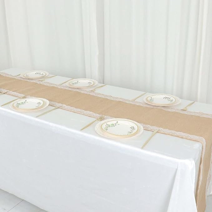 Efavormart 14"X104" Natural Jute Burlap Table Runner with White Lace Trim Edges, Boho Chic Rustic Decor - Image 9