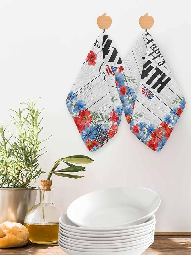 Independence Day Dish Towels Set, Waffle Weave Kitchen Towels 2 Pieces, USA Flag Flowers Leaves Grey Wood Grain Microfiber Hair Face Bath Tea Towel Absorbent Quick Drying Cleaning Dish Cloths, 12"x12" - Image 2