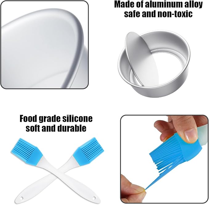 2 Pieces Round Cake Molds, 2 Pieces Silicone Brushes, Aluminum Cake Tins, Cake Baking Tins, Removable Bottom, DIY Baking Tools for Birthday Wedding Party Cakes - Image 3