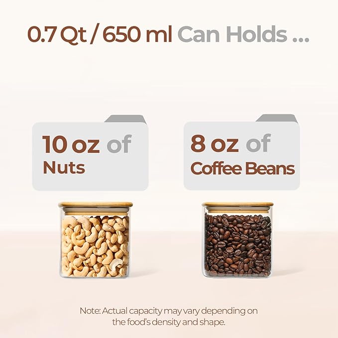 ComSaf Square Glass Containers with Lids 0.7 Qt, Set of 4 Pantry Glass Jars | Glass Storage Containers with Lids, Small Canisters, Spice Jar, Bamboo Lid with Silicone Seal, Size For Subpackage, BPA Free - Image 3