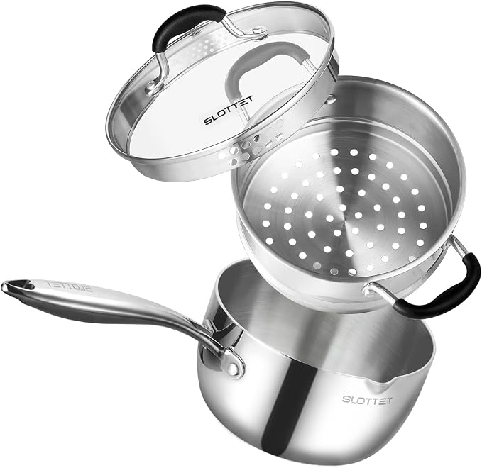 SLOTTET Tri-Ply Whole-Clad Stainless Steel Saucepan with Steamer,2.5 Qt Small Multipurpose Pot with Pour Spout,Strainer Glass Lid, 2 Quart Sauce Pan for Cooking with Stay-cool Handle. by SLOTTET