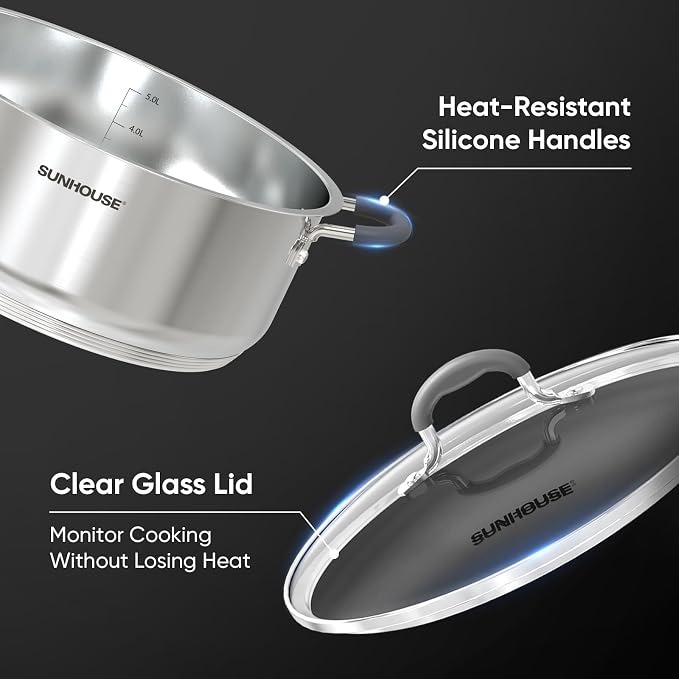 Sunhouse: 2-Tier Stainless Steel Steamer Pots - 5.5 Quart - Tempered Glass Lid, 3-Ply Bottom, Vegetable-Dumpling-Food Cookware, Dishwasher & Oven Safe - Image 3