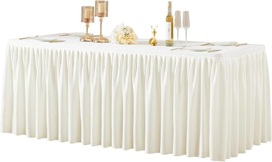 Wish Care Cream White Polyester Table Clothes for 4 Foot Rectangle Tables, Wrinkle Free Fitted Table Cover with Pleated Ruffle Table Skirt for Birthday Party Wedding Trade Show Event Display by WishCare