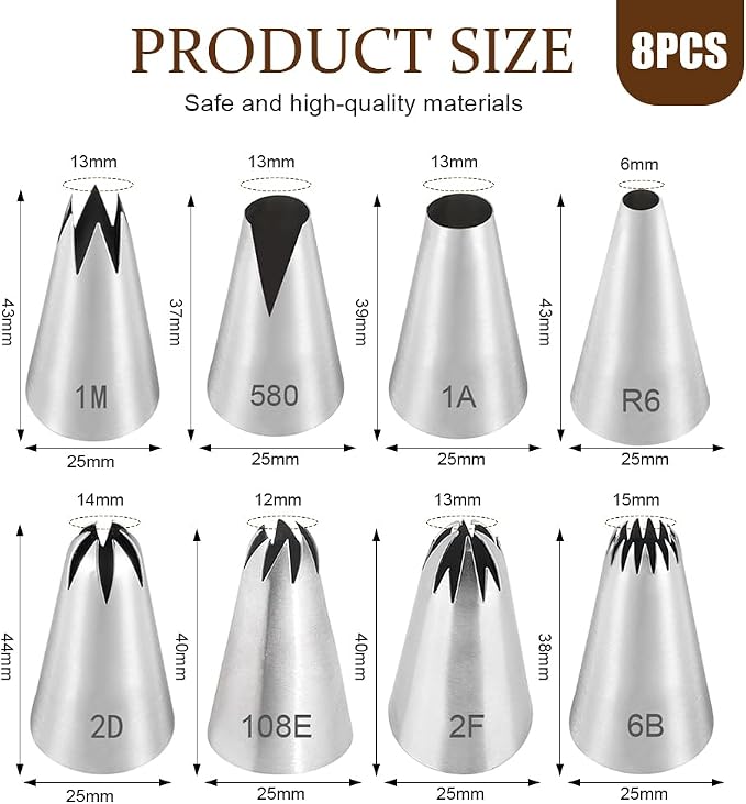 8pcs Stainless Steel Professional Set Large Piping Nozzles Flower Piping Tips Star Nozzle Nozzles for Piping Bag Attachments Piping Nozzles Decoration Tips for Cream Cupcakes Cake Syringe - Image 2