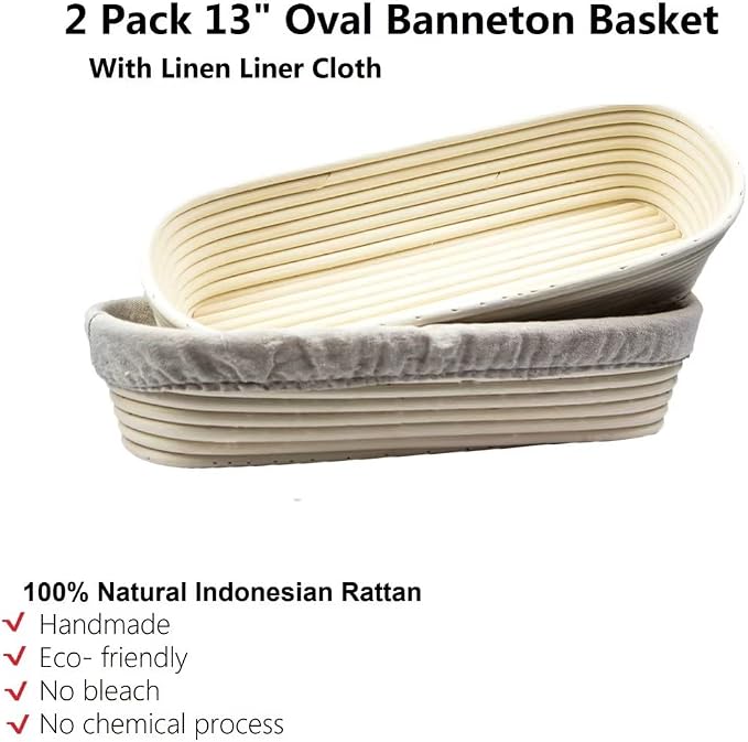 13 Inch Oval Banneton Bread Proofing Baskets, Sourdough Proofing Basket | Handmade Rattan Baskets and Liners ,Bread Baking Bowl, for Professional & Home Bakers Baking, 2 Pack - Image 2