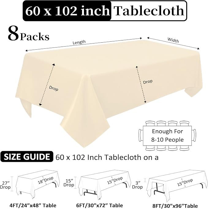 8 Pack Beige Tablecloth Rectangle 60 x 102 Inch for 6 Foot Tables - Image 2