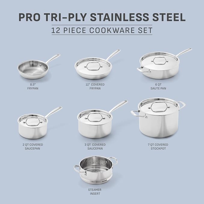 T-fal Pro Tri-Ply Stainless Steel, 12 Piece Pots and Pans Set - Image 2