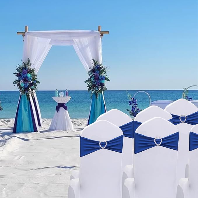 Royal Blue Chair Sashes 25 Pack Spandex Blue Sashes for Chairs Covers Universal Stretch Chair Sashes Band with Heart Buckle Slider for Wedding Banquet Party Decorations - Image 6