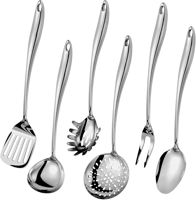 304 Stainless Steel Kitchen Utensils Set, 6 Pcs Long Metal Cooking Utensil with Spatula, Solid Spoon, Ladle, Skimmer, Spaghetti Spoon, Meat Fork, Dishwasher Safe by Lazycorner