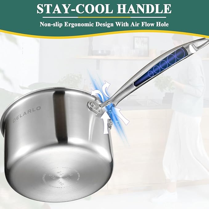 DELARLO Tri-Ply Stainless Steel Saucepan 1QT 2QT Kitchen Pot Set - Image 4