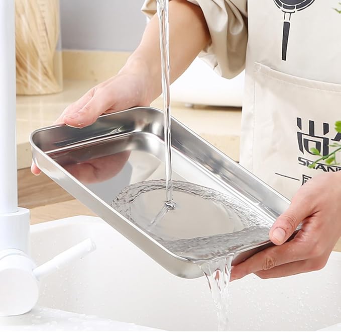 Stainless Steel 304 Baking Sheet Pans 9.3" Cookie Tray Food Serving | Extra Small 1/8 Pan, 2Pack, Deep Tiny Toaster Oven Pan, Dishwasher Safe, No Rust, Reheat Food, 1~2 Person, 9.3 x 6.9 x1.1" - Image 5