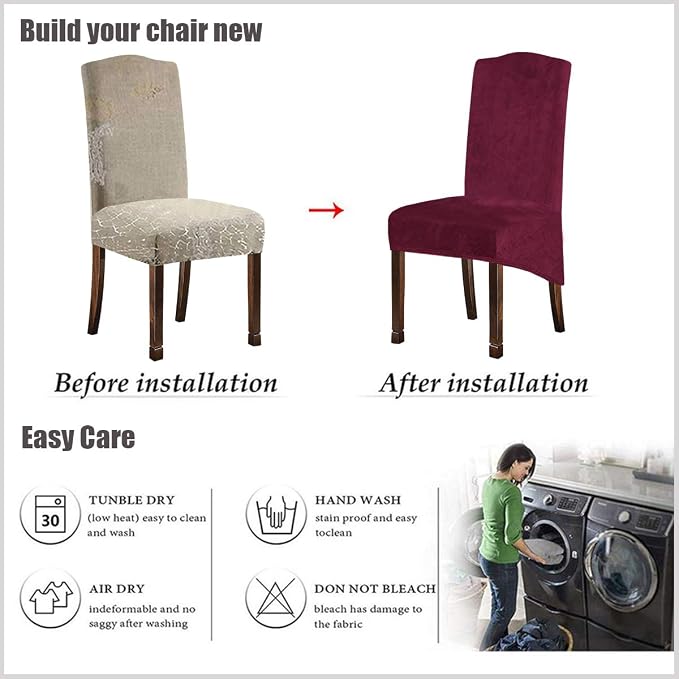 Velvet Plush XL Dining Chair Covers, Stretch Chaircover, Spandex High Chairs Protector Covers Seat Slipcover with Elastic Band for Dining Room,Wedding, Ceremony, Banquet (Wine Red, Set of 2) - Image 6