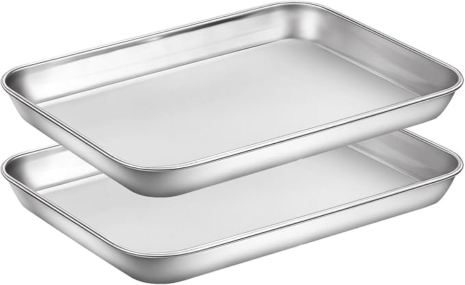 Baking Sheets Set of 2, HKJ Chef Cookie Sheets 2 Pieces Stainless Steel Baking Pans & Toaster Oven Tray Pans, Rectangle Size 9L x 7W x 1H inch & Non Toxic & Healthy & Easy Clean by HKJ+Chef