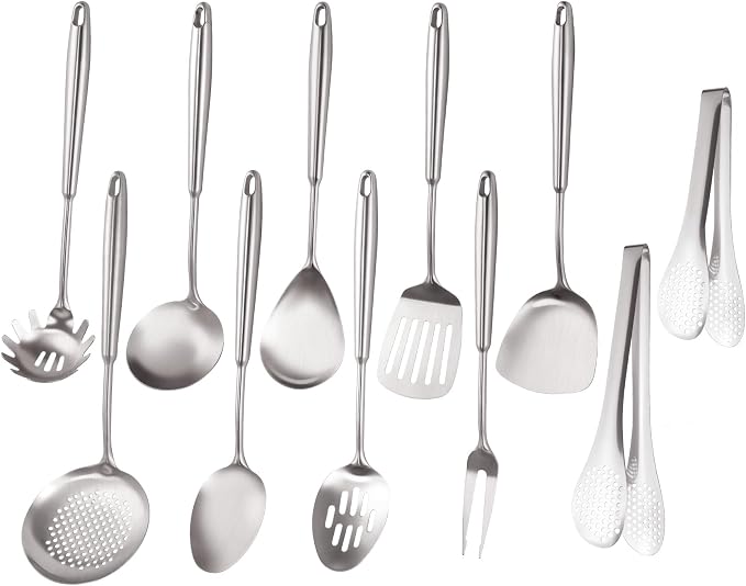 18/10 Stainlss Steel Kitchen Utensils Set, 11 Pcs Long Stainless Steel Cooking Utensils Set, Metal Cooking Utensils Set with Spatula, Spoon, Ladle, Skimmer, Dishwasher Safe by Unknown