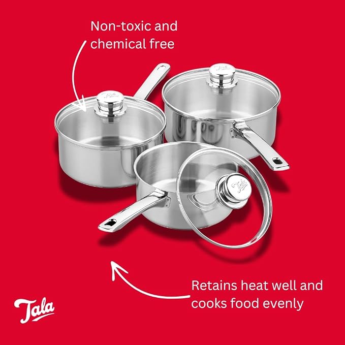 Tala Performance 3 Piece Stainless Steel Cookware Set, Saucepans with Glass lids, 16, 18 20cm. Made in Portugal, Guarantee, Suitable for All hob Types Including Induction Polished Mirror Shine Finish - Image 3