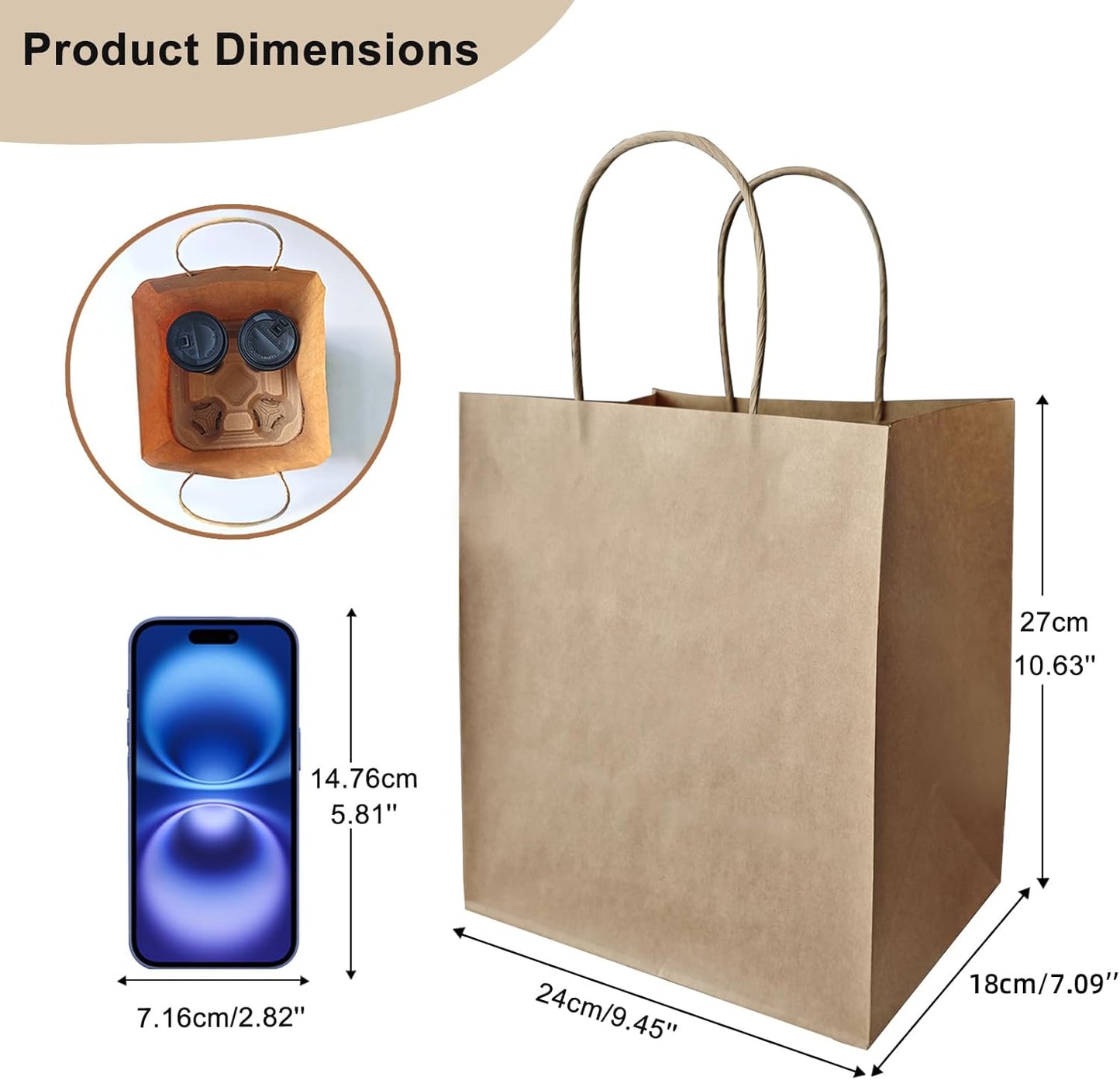 Take-Out Paper Bags and Four Drink Paper Trays 25 Pack, Four Cup Carrier Tray Coffee Cup Holder Disposable Cup Holder Tray,Brown Baper Bags with Handles Bulk (Four-Cup Size)