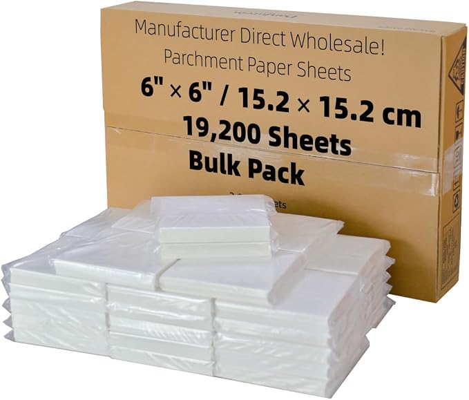 6x6 Inch 19,200/Case Pre-Cut Industrial Parchment Paper Squares | Commercial Grade For Cupcake Liners, Patty paper, Candy Wrapping & Deli - Commercial Bulk Supply by DanjureinParchmentManufacturer
