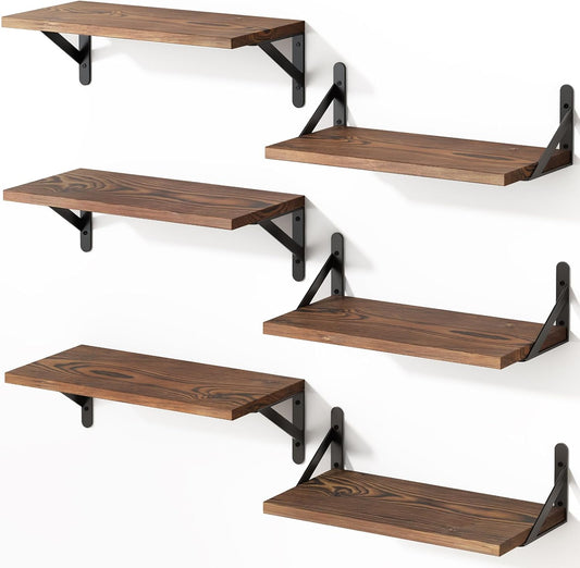 YGEOMER 16.5 Inch Floating Shelves for Wall, Farmhouse Wall Shelves for Bedroom, Bathroom Storage, Living Room and Kitchen Decor (Set of 6 Dark Carbonized Pine)
