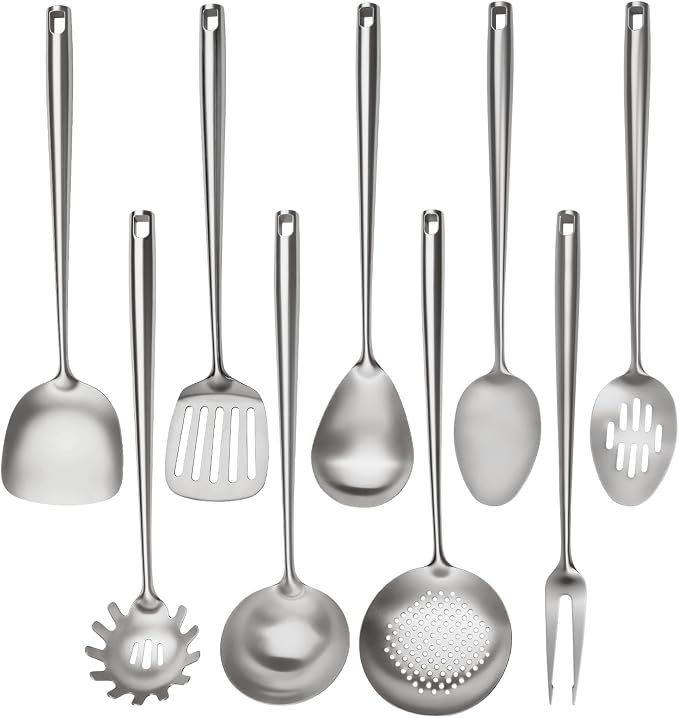 18/10 Stainless Steel Cooking Utensils Set,9 Pcs Professional All Metal Stainless Steel Kitchen Utensils Set with Wok Spatula,Soup Ladle,Skimmer,Slotted Spatula Turner, Large Spoon(Dishwasher Safe) by OARSE