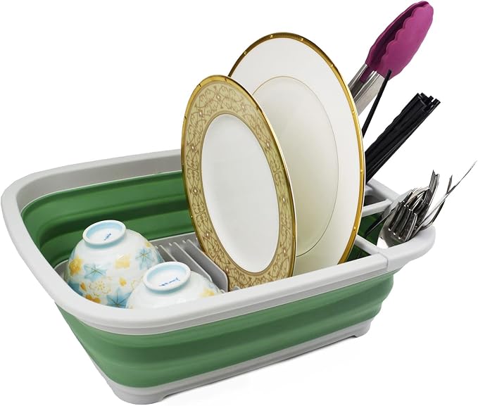 SAMMART 8L (2.11Gallons) Collapsible Plastic Dish Drainer - Foldable Drying Rack - Portable Dinnerware Organizer - Space Saving (Grey+Dark Sea Green (Set of 2)) - Image 5