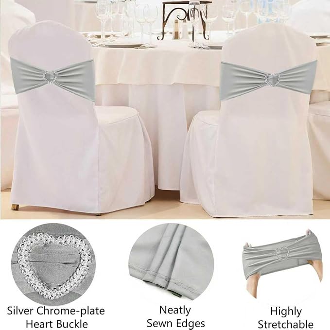 Silver Grey Chair Sashes 25 Pack Spandex Grey Sashes for Chairs Covers Universal Stretch Chair Sashes Band with Heart Buckle Slider for Wedding Banquet Party Decorations - Image 4